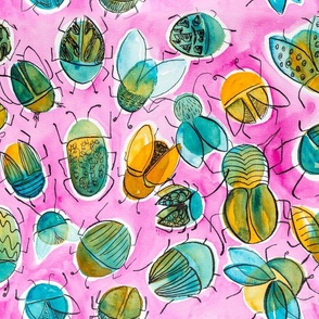 watercolor fantasy bugs - gold green turquoise on pink