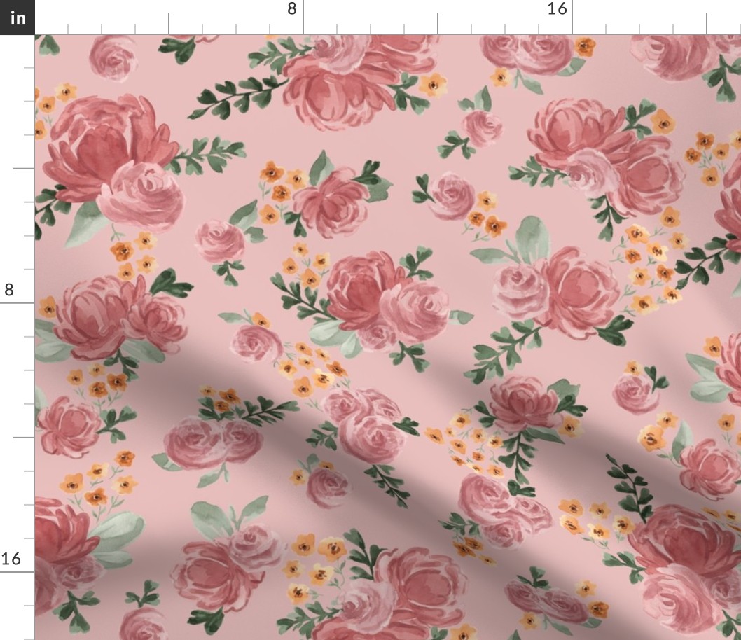 Large - Charlotte Florals - Cute Whimsy Watercolours Florals. Roses, Daisies, Leaves - Pink