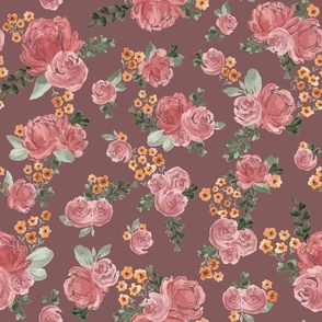 Medium - Charlotte Florals - Cute Whimsy Watercolours Florals. Roses, Daisies, Leaves - Mauve