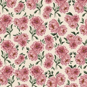 Medium - Mia Florals - Watercolour Painted Blush Pink Peonies - Art Nouveau - Cream