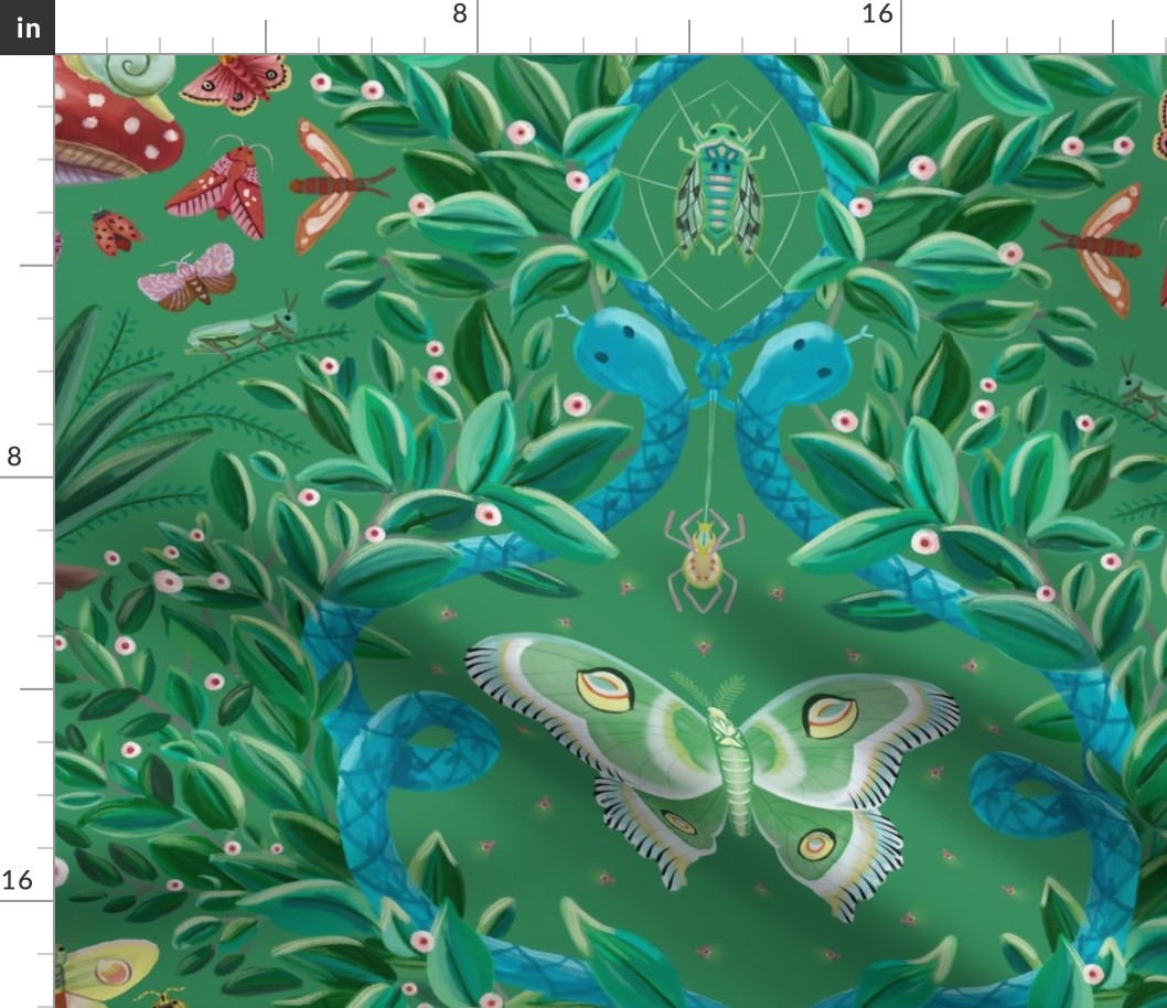 Magical party in the jungle- maximalist damask of snakes, moths and insects amid lush greenery - large print.