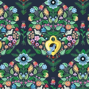 Playful print of birds and birdhouse in colorful flower garden - all over and maximalist - mid size .