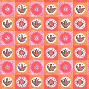 Pink and Orange Tiles, Checks, Small Scale, hand painted, watercolor, squares