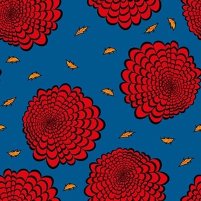 L Floral Garden - Abstract Flower - Red Dahlia with Yellow leaves in Fall (Autumn) on Blue in Retro style - Strength and Love
