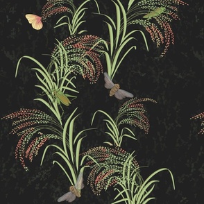 beautiful rice plants, asian-inspired with glasshoppers, butterflies, and cicadas on black/ darkest grey - medium scale