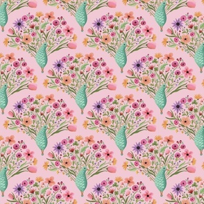 Delightful girly pattern of magical peacocks with cute floral tails on pink background - small print.