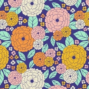 70s vintage retro flowers in dark blue - Small scale