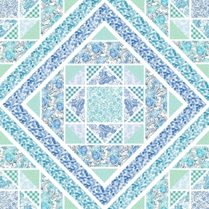 Blue Patchwork Pattern Patchwork - Country Farmhouse Pattern - Quilt Pattern - Watercolor Pattern - Flowers - Botanical - Vintage Pattern - blue - green - collage