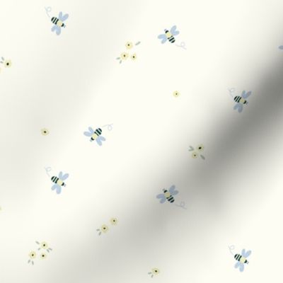 Bees and Flowers - Yellow, Blue on Cream | Doodle Summer Bugs - Small