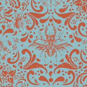 Doodle Bug Damask_Rust and Teal