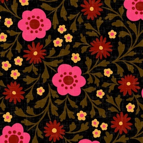 Eloise Floral - 24" extra large - pink, red, yellow, and bronze on black 