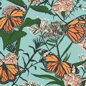 (XL) Monarch Butterfly Garden Orange and Teal