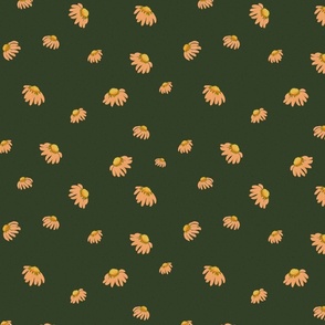 Scattered Yellow Daisies on a Dark Green Background 