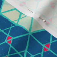 Geometric isometric hexagons geospace - blue, turquoise, red - half scale