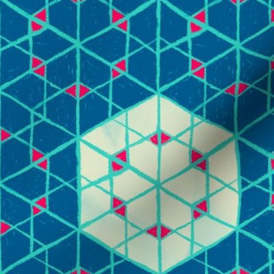 Geometric isometric hexagons geospace - blue, turquoise, red - half scale