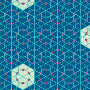 Geometric isometric hexagons geospace - blue, turquoise, red - half scale