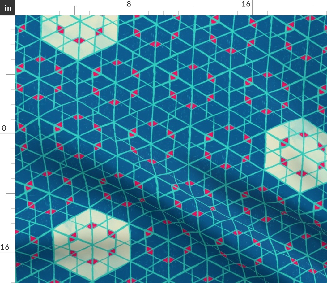 Geometric isometric hexagons geospace - blue, turquoise, red - half scale