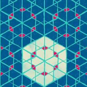 Geometric isometric hexagons geospace - blue, turquoise, red - large scale