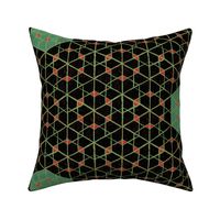 Geometric isometric hexagons geospace - moody black, green, red - half scale