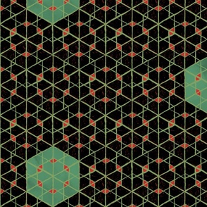 Geometric isometric hexagons geospace - moody black, green, red - half scale