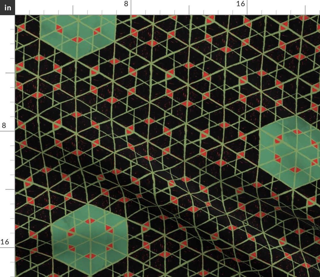 Geometric isometric hexagons geospace - moody black, green, red - half scale
