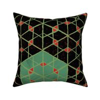 Geometric isometric hexagons geospace - moody black, green, red - large scale