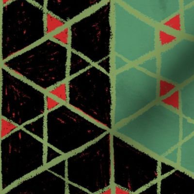 Geometric isometric hexagons geospace - moody black, green, red - large scale