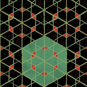 Geometric isometric hexagons geospace - moody black, green, red - large scale