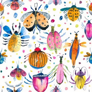 Colorful Bug Doodles, Watercolor Beetles with Floral Delights