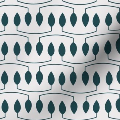 "Collaboration."  Chronicle collection. Summer palette. Shell (cool off white) background, Sea (dark teal) design. Contemporary, decor, mid-century modern, fabric, wallpaper, quilt.
