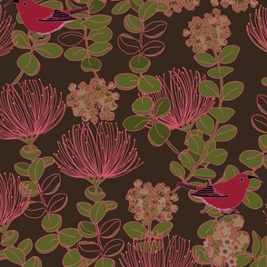 OHIA LEHUA PINK ON BROWN AND GREEN MUTED WITH IIWI BIRD