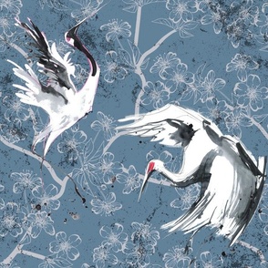Chinoiserie Water coloured herons and cherry blossoms  or cranes?