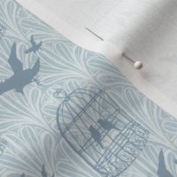 Victorian bird cages and ravens on  classic damask blue fans 