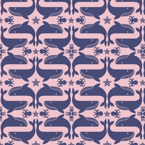 Humpback Whale Song with Starfish, Jellyfish, & Octopus in Navy on Pink, Medium