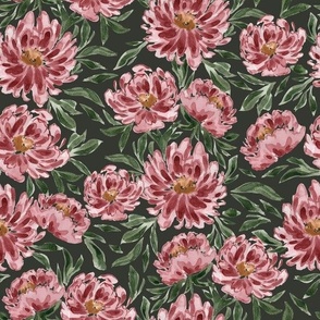 Medium - Wren Florals - Watercolour Pink Dahlia Florals -  Damask, Dutch Florals  - Black