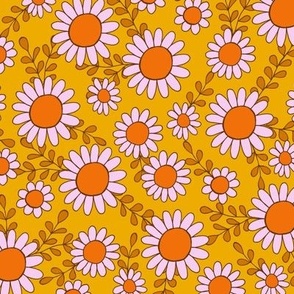 Retro 70s daisy flowers in orange and pink - Small scale