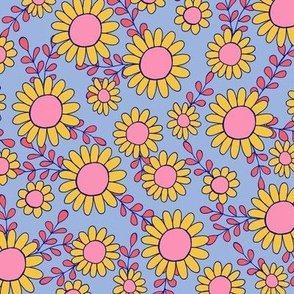 Retro 70s daisy flowers in blue, pink and yellow - Small scale