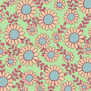 Retro 70s daisy flowers in green, pink and blue - Small scale