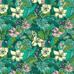 Blue-Green Tropical Floral Pattern