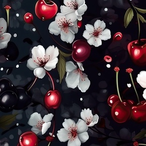 Cherries and Cherry Blossoms Shining in red white and green