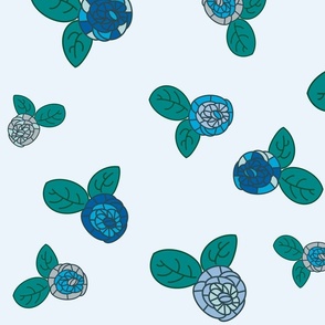 Blue, green, gray tone stained glass roses on very pale cool blue - large print