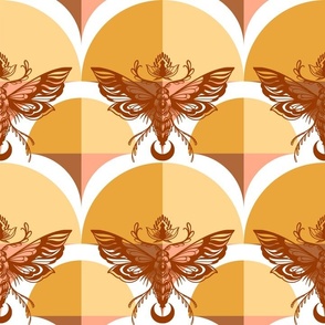 Midcentury modern moths on abstract geometric  sunset scallops