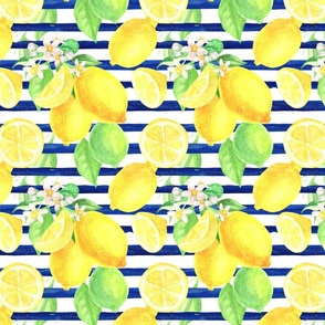 Pretty Watercolor Lemons on Blue Stripes