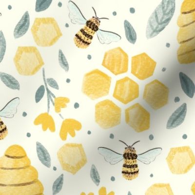 Hand-painted honey bumble bee - Rustic country farmhouse - yellow, blue, cream