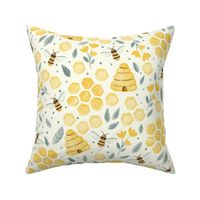 Hand-painted honey bumble bee - Rustic country farmhouse - yellow, blue, cream