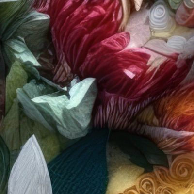 Feathers and flowers abstract composition in red, green, flax and white