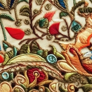 Garden flowers captured in silk embroidery on a flax background