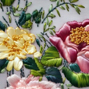 Victorian Crewel embroidery Pink yellow flowers green leaves 
