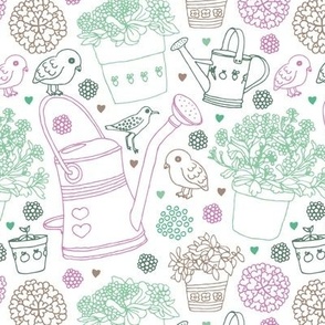 Springtime plants and flowers garden allotment - planters birds and watering can gardening botanical teal green pink tan on white