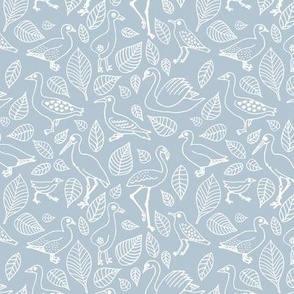 All the birds boho jungle paradise - seagulls flamingos heron duck and swans and leaves tropical island vibes freehand illustrated nursery design white on moody blue